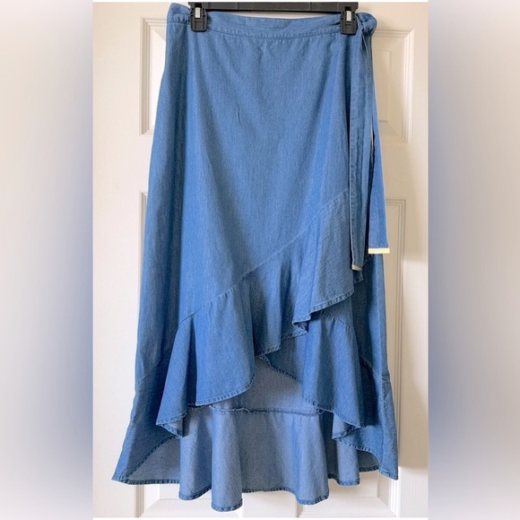 Michael Kors Chambray Ruffled Asymmetrical Maxi Skirt Size S Waist Tie Blue - Picture 1 of 13